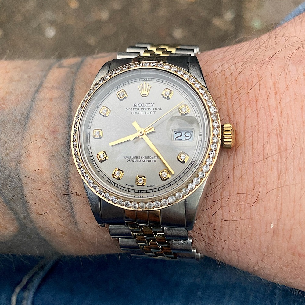 36mm ROLEX watch Diamond Dial Diamond Bezel 2 Tone 18k Yellow Gold AUTHENTIC!